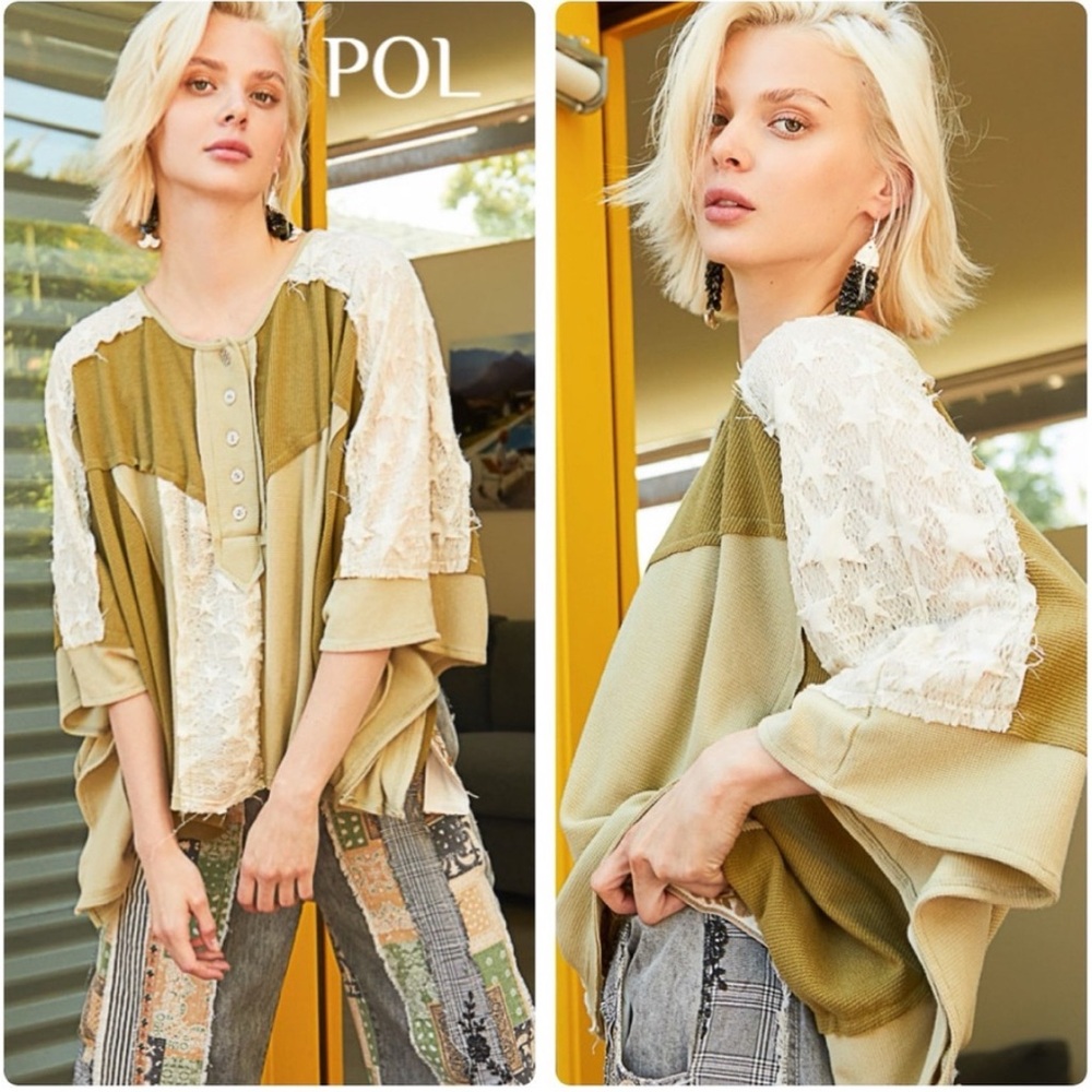 POL ♠️ Oversized Cape Thermal Top w/ multi fabric texture & lace